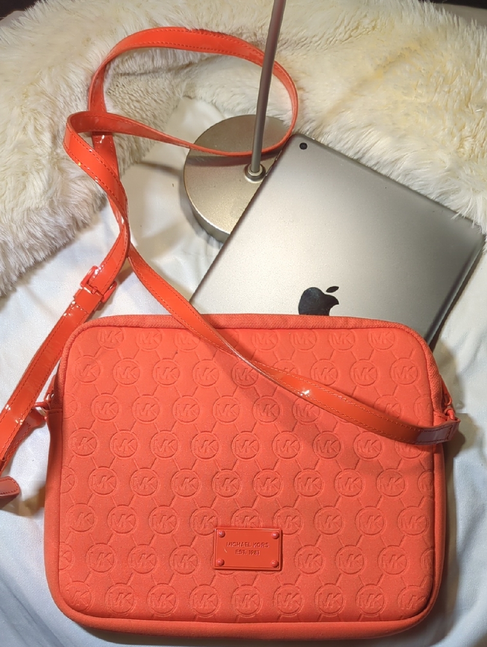 Michael Kors Neoprene Soft Beige Padded Handbag Interior with Embossed Logo $40
